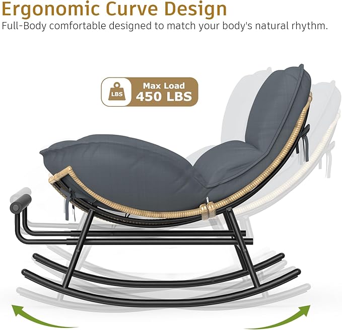ZENPETIO Outdoor Rocking Chair - Oversized Metal Frame Papasan Rocking Chair with All Weather PE Wicker Rattan Rocker - Photo 3