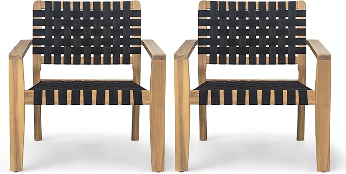 Christopher Knight Home Set of 2 Lena Patio Furniture Acacia Wood Armchair, Woven Rope Outdoor Club Chair, Deep Seating Porch Chairs for Garden, Backyard/Balcony, Light Teak Finish & Black