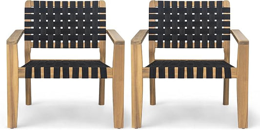 Merax Patio Furniture Acacia Wood Armchair Set of 2, 2 Pieces Woven Rope Outdoor Lounge Chair, Deep Seating Porch Chairs for Garden, Backyard Porch Balcony, Light Teak Finish & Black