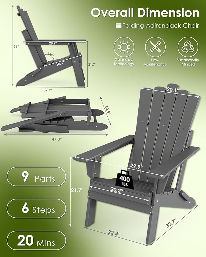 GREENVINES Folding-Adirondack-Chairs-Set-of-4 | HDPE Plastic | Throne Series | Fire Pit Chair | All Weather | for Outdoor Patio Deck Backyard Poolside | Grey