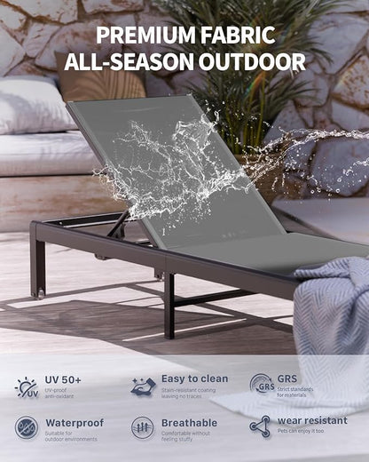 Aluminum Lounge Chairs Outdoor Chaise Furniture,2 Sets Patio Metal Deck Lounger Adjustable 5-Position Poolside Chase Recliner with Wheels for Beach,Coffee Table, (Gray, 2 Chairs + Table)