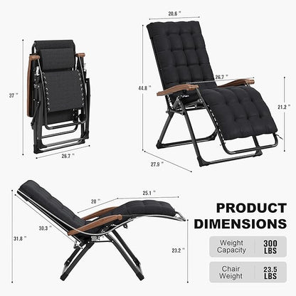 PURPLE LEAF Outdoor Reclining Chair Patio Zero Gravity Chaise Lounge Folding Chair with Removable Cushion Adjustable Headrest for Lawn Camping Beach Pool Black