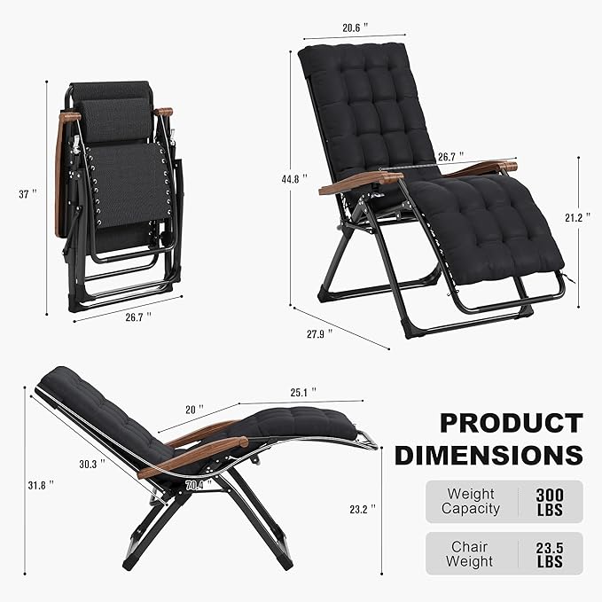 PURPLE LEAF Outdoor Reclining Chair Set of 2 Patio Zero Gravity Chaise Lounge Folding Chair with Removable Cushion Adjustable Headrest for Lawn Camping Beach Pool Black