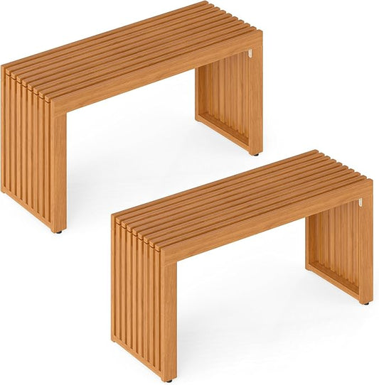 HAPPYGRILL Outdoor Acacia Wood Bench, Patio Bench with Slatted Seat & Metal Protectors, for Entryway Porch Backyard Park, 800 lbs (2)