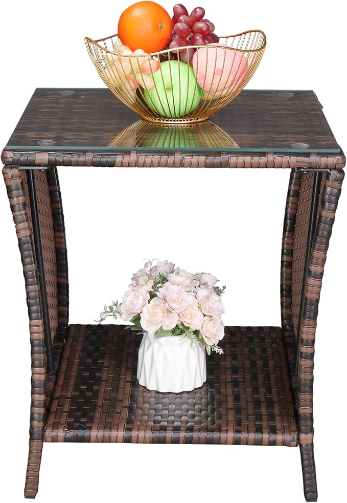 Outvita Outdoor Side Table, Rattan Coffee Table Small End Table with Glass Top Storage for Patio Porch Backyard Balcony