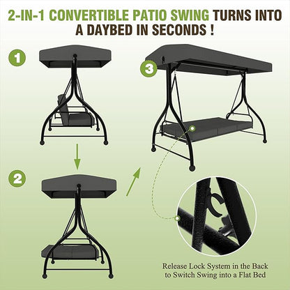 MUPATER 2-in-1 Patio Porch Swing Chair, 3-Seat Outdoor Canopy Swing Glider with Stand and Cushion for Outside, Backyard, Grey