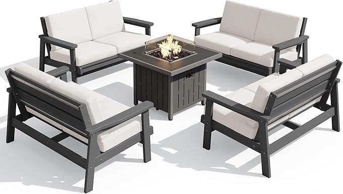 SERWALL Patio Furniture Set with 33” Fire Pit Table, HDPE Outdoor Sectional Sofa Set with Thickened Cushions - Photo 1