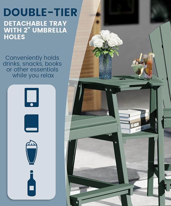 FOOWIN Tall Adirondack Chair Set of 2, All Weather HDPE Bar Height Adirondack Chair with Double Connecting Trays, Adirondack Barstools for Balcony, Deck, Backyard, Patio, Garden Dark Green