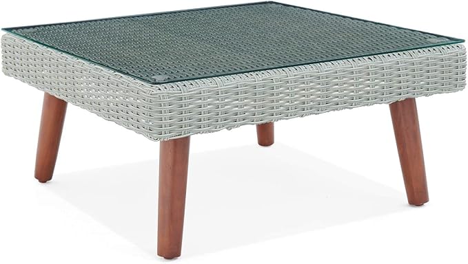 Alaterre Furniture Albany All-Weather Wicker Outdoor Gray 29" Square Coffee Table with Glass Top, brown - Photo 3