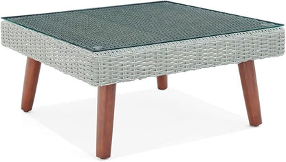 Alaterre Furniture Albany All-Weather Wicker Outdoor Gray 29" Square Coffee Table with Glass Top, brown