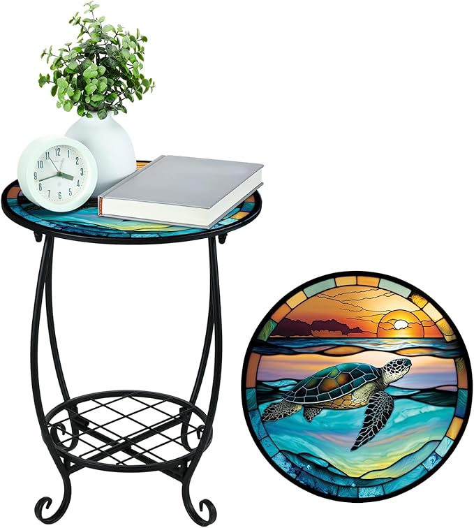 Outdoor Side Table Round Small Mosaic Patio Accent Indoor End Plant Coffee Tea Table for Yard Patio Porch Garden Living - Photo 6