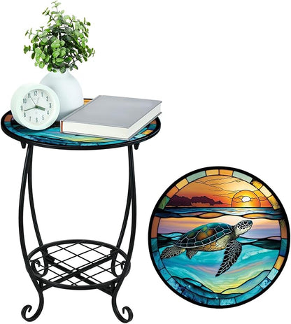 Outdoor Side Table Round Small Mosaic Patio Accent Indoor End Plant Coffee Tea Table for Yard Patio Porch Garden Living Room, Bedroom(Turtle Style,16 Inch)
