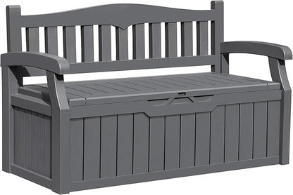 Greesum 80 Gallon Outdoor Storage Bench, Resin Patio Furniture with Armrest,Waterproof and UV-Resistant, Perfect to Garden, Poolside and Lawn, Dark Grey