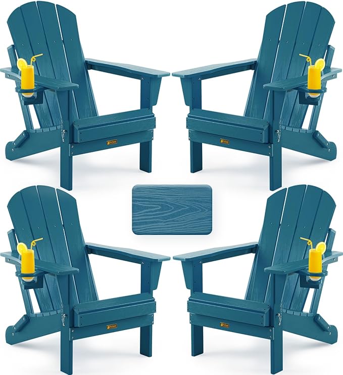 Folding Adirondack Chair, Patio Chair Wood Texture, Outdoor Chair Weather Resistant, Fire Pit Chair with Cup Holder, Composite Adirondack Chair Set of 4(Navy Blue)