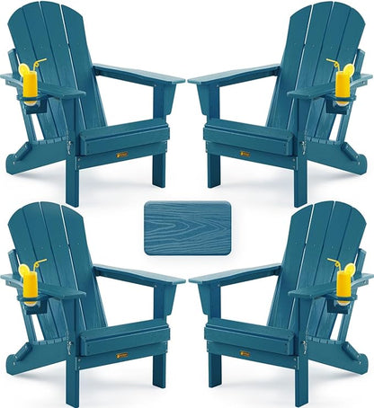 Folding Adirondack Chair, Patio Chair Wood Texture, Outdoor Chair Weather Resistant, Fire Pit Chair with Cup Holder, Composite Adirondack Chair Set of 4(Navy Blue)