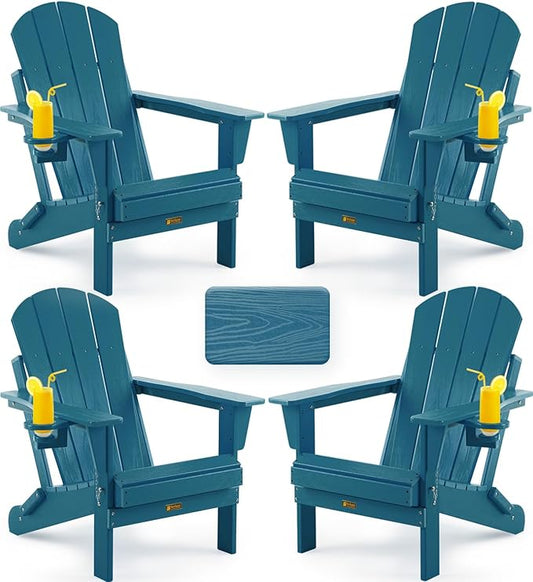 Folding Adirondack Chair, Patio Chair Wood Texture, Outdoor Chair Weather Resistant, Fire Pit Chair with Cup Holder, Composite Adirondack Chair Set of 4(Navy Blue)