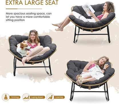 NICESOUL Indoor Outdoor Double Padded Rocking Chair with Cushion, Oversized Patio Papasan Rocker, 450Lbs Capacity Heavy Duty Comfy Egg Glider, 2 Person Wide Cozy Recliner Lounge Chair, Grey