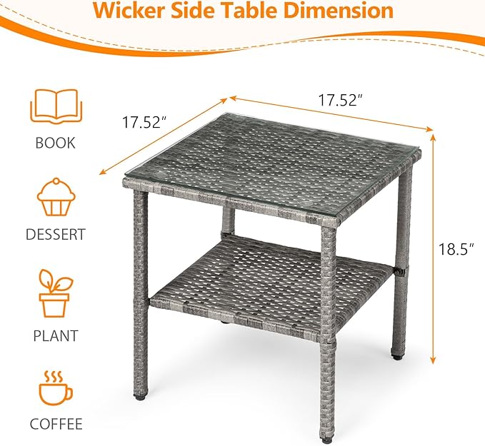 VINGLI Outdoor Wicker Side Table Patio Side Tables for Outside, Tempered Glass Top Wicker Table with Storage End Table for Patio Balcony Porch Deck (Grey)