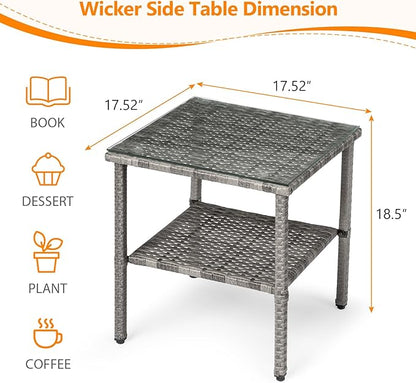VINGLI Outdoor Wicker Side Table Patio Side Tables for Outside, Tempered Glass Top Wicker Table with Storage End Table for Patio Balcony Porch Deck (Grey)