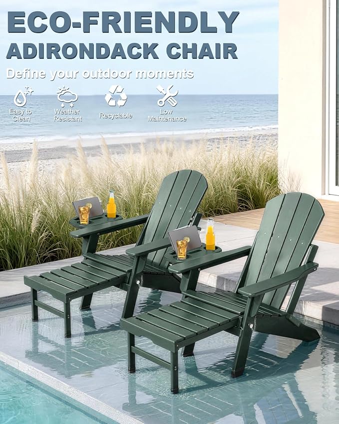Adjustable Adirondack Chair with Retractable Ottoman Set of 2, HDPE Folding Adirondack Chair with Cup Holder, All Weather Fire Pit Chair for Outdoor.