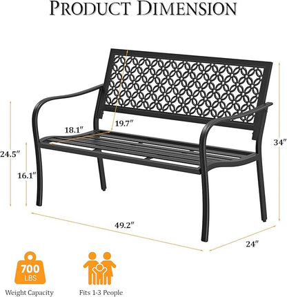 ONBRILL 50" Outdoor Bench, Garden Benches with Galvanized Metal Frame, Front Porch Bench with Floral Backrest, Patio Furniture with Adjustable Feet for Park, Yard, Lawn, Entryway, Black