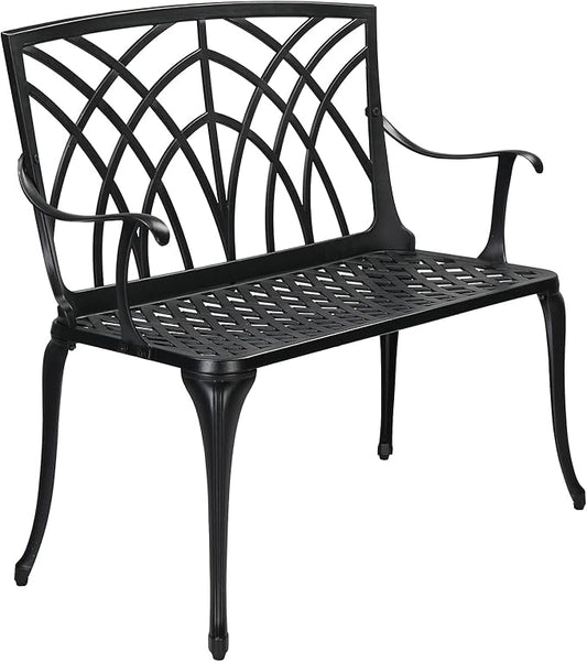 38in Outdoor Cast Aluminum Patio Bench, Antique Metal Outside Bench with Orchid Pattern Back,Patio Furniture Chair Outdoor Bench,Slatted Seat for Park, Yard & Porch, Antique Black