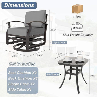 Kurapika 3 Pieces Patio Furniture Set, Outdoor Aluminum Rocking Chair, Patio Bistro Set Swivel Gliders Rocker with Thickened Cushions and Side Table for Porch Garden Deck(Grey)