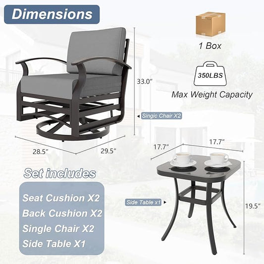 Kurapika 3 Pieces Patio Furniture Set, Outdoor Aluminum Rocking Chair, Patio Bistro Set Swivel Gliders Rocker with Thickened Cushions and Side Table for Porch Garden Deck(Grey)