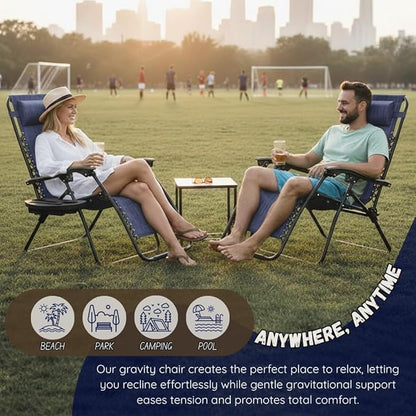 EZONE Zero Gravity Lounge Chairs Outdoor Adjustable Reclining Patio Chair Steel Mesh Folding Recliner for Pool Beach Camping Lounge Chair with Pillows and Cup Tray (2, Navy Blue)
