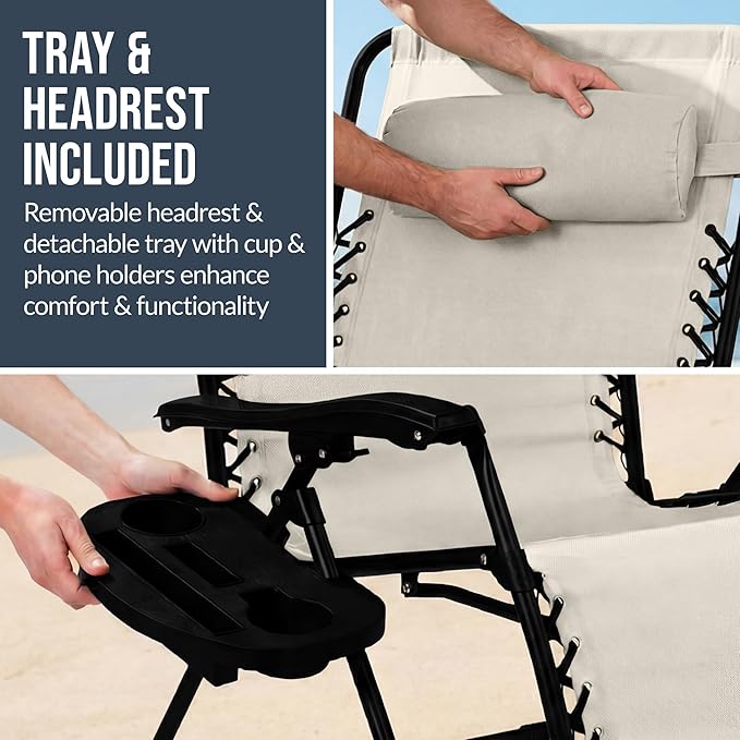 Best Choice Products Set of 2 Extra Wide Adjustable Steel Mesh Zero Gravity Lounge Chair Recliners w/Pillows and Cup Holder Trays - Ivory
