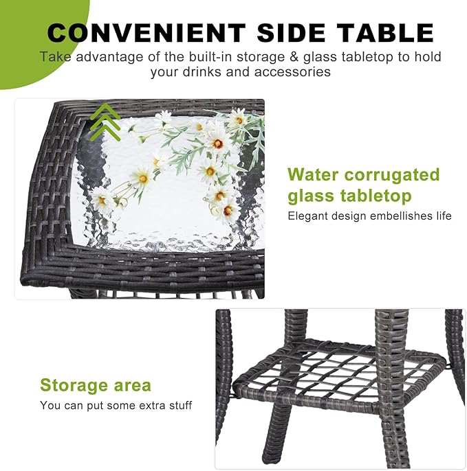 Outvita Outdoor Side Table, Patio Rattan Coffee Table Small End Table with Glass Tabletop and Storage Shelf for Patio Porch Backyard Balcony Living Room