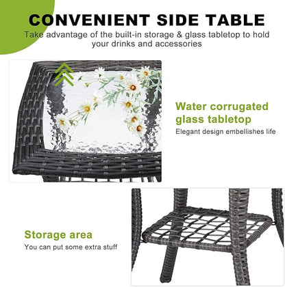 Outvita Outdoor Side Table, Patio Rattan Coffee Table Small End Table with Glass Tabletop and Storage Shelf for Patio Porch Backyard Balcony Living Room