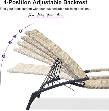 PURPLE LEAF Patio Chaise Lounge Chair Set of 2 Wicker Adjustable Recliner Tanning Chair for Outdoor Pool Beach Poolside Sunbathing Lounger Beige