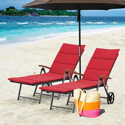 COSTWAY 2PCS Patiojoy Folding Patio Rattan Lounge Chair Aluminum Adjustable Wheel Red