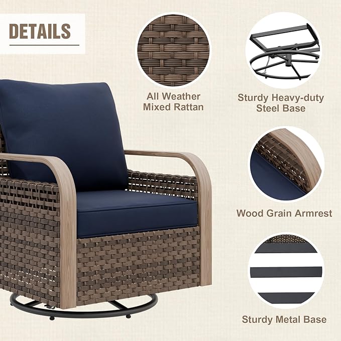 Modern Wicker Outdoor Swivel Rocking Chair, Rattan Glider Rocker Chair Patio Armchair for Backyard, Deck, Porch, Garden, 1 Piece, Brown/Blue