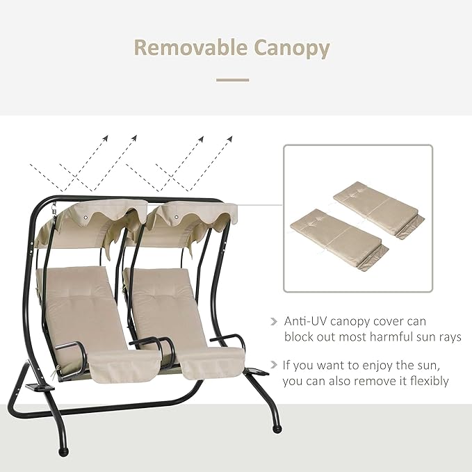 Outsunny Patio Swing Chair with 2 Separate Seats, Outdoor Swing Glider with Removable Canopy and Cup Holders, for Porch - Photo 4