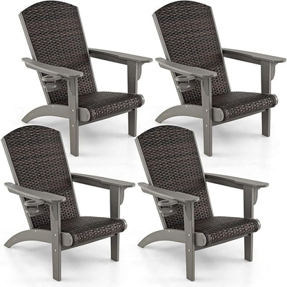 Tangkula Patio Wicker Adirondack Chair, HDPE Lounge Chair w/Rattan Padded Seat & Back, Wide Armrests & Hidden Cupholder, Outdoor All-Weather Adirondack Fire Pit Chair for Backyard, Lawn (4, Grey)