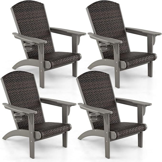 Tangkula Patio Wicker Adirondack Chair, HDPE Lounge Chair w/Rattan Padded Seat & Back, Wide Armrests & Hidden Cupholder, Outdoor All-Weather Adirondack Fire Pit Chair for Backyard, Lawn (4, Grey)