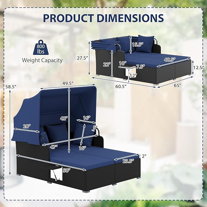 ORALNER Outdoor Daybed, 2-Person Wicker Patio Sofa with Retractable Canopy, Cushions & Pillows, 2 Side Trays - Photo 2