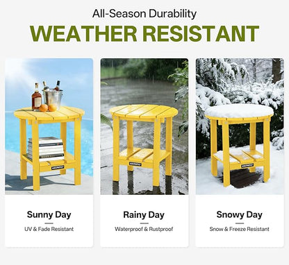 Outdoor Side Table Round - Patio Side Tables - HDPE Small Outdoor End Table for Backyard Pool Porch Balcony - Double Layer Storage - Yellow (Wood Grain Finish)