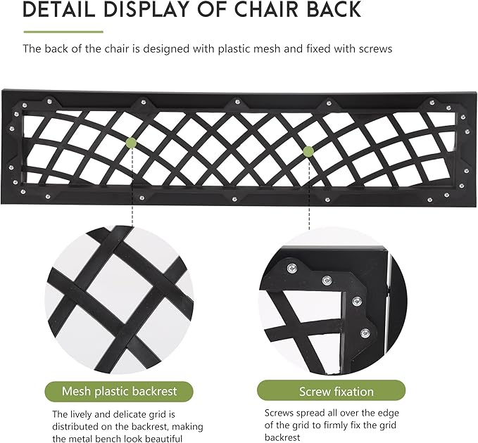 Garden Bench,Metal Outdoor Bench Park Bench with Plastic Mesh Backrest Armrests Sturdy Steel Frame for Patio Yard Porch Entryway Black
