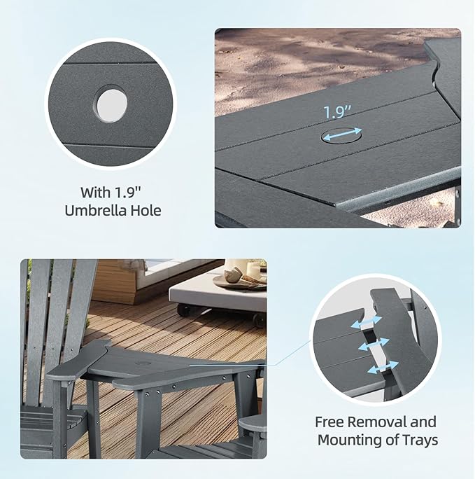 Aoodor Tall Adirondack Chairs Set of 2,HDPE Patio Bar Stool with Connecting Tray,All-Weather Balcony Chair for Outdoor Backyard, Garden, Yard - Gray