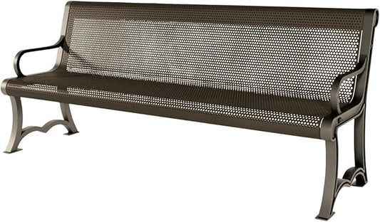 COATEDOUTDOORFURNITURE Coated Outdoor Furniture Heavy-Duty Outdoor Bench Thermoplastic Coated, Punched Steel, Commercial-Grade Garden Bench, Made in America (Portable with Back, 6 Ft, Textured Brown)