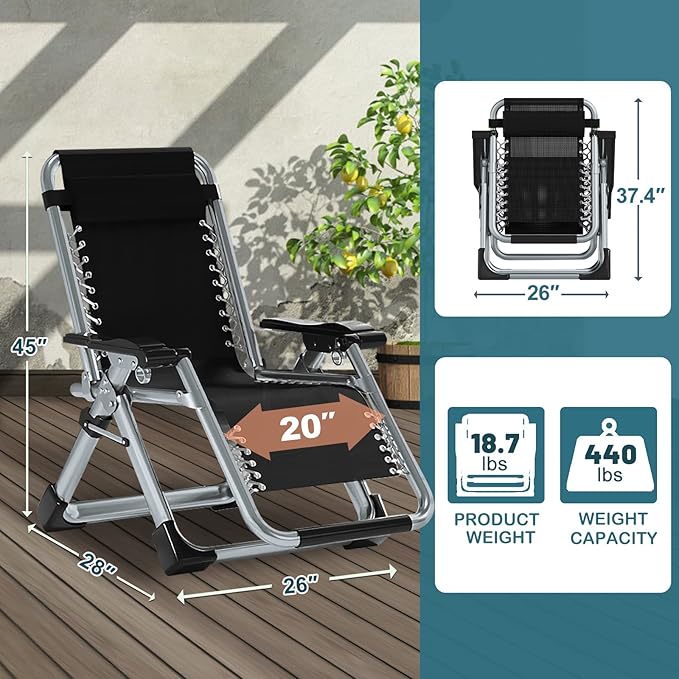 NAIZEA Padded Zero Gravity Chair, Folding Outdoor Lounge Chairs, Adjustable Reclining Camping Chairs with Cup Holder - Photo 2