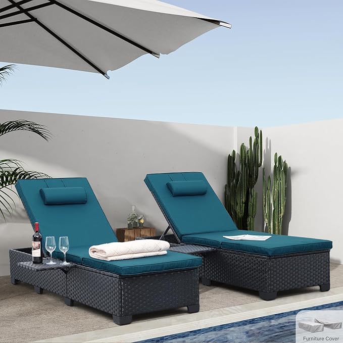 WAROOM Outdoor Chaise Lounge Chairs for Outside Patio Furniture Set of 2 Wicker Recliner Black Rattan Sunbathing - Photo 1
