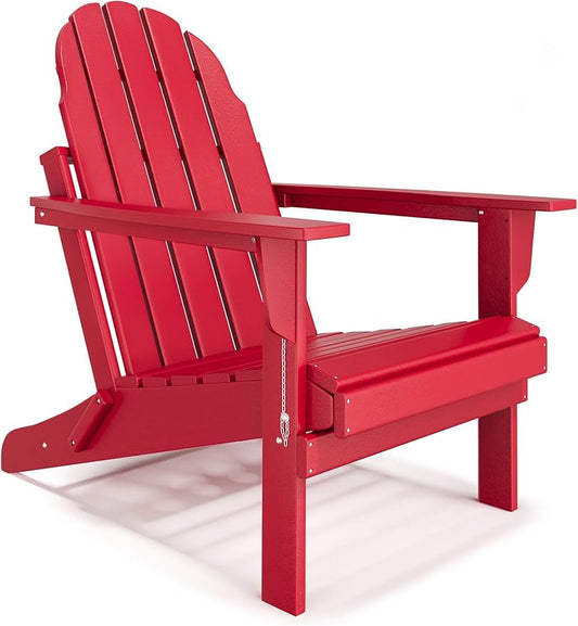 Folding Adirondack Chair - Durable HDPE Poly Lumber All-Weather Resistant, Foldable Oversized Balcony Porch Patio Outdoor Chair for Lawn, Backyard, Deck, Garden, Camping - Easy Installation, Red