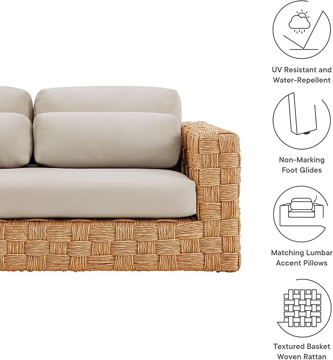 Modway Thames Wicker Rattan Outdoor Loveseat in Natural Light Gray - UV-Resistant Patio Furniture 2-Seater Basket-Weave - Photo 3