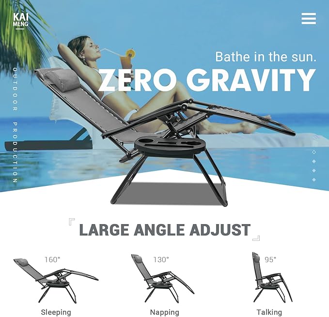Kemon Zero Gravity Folding Lounge Outdoor Patio Adjustable Reclining Chair with Pillows and Cup Holders for Beach Set of 2, Double Grey, KM-CDGVC