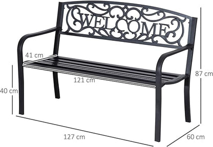 50" Outdoor Welcome Bench, Metal Garden Bench with Slatted Seat, Patio Bench with Backrest and Armrests for Park, Porch, Yard, Lawn, Black