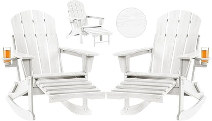 Folding Adirondack Rocking Chair Set of 2,4-in-1 Multifunctional Patio Chairs with Retractable Ottoman, Outdoor Chairs Wood Texture, Lawn Chair for Porch, Backyard, Pool(White)